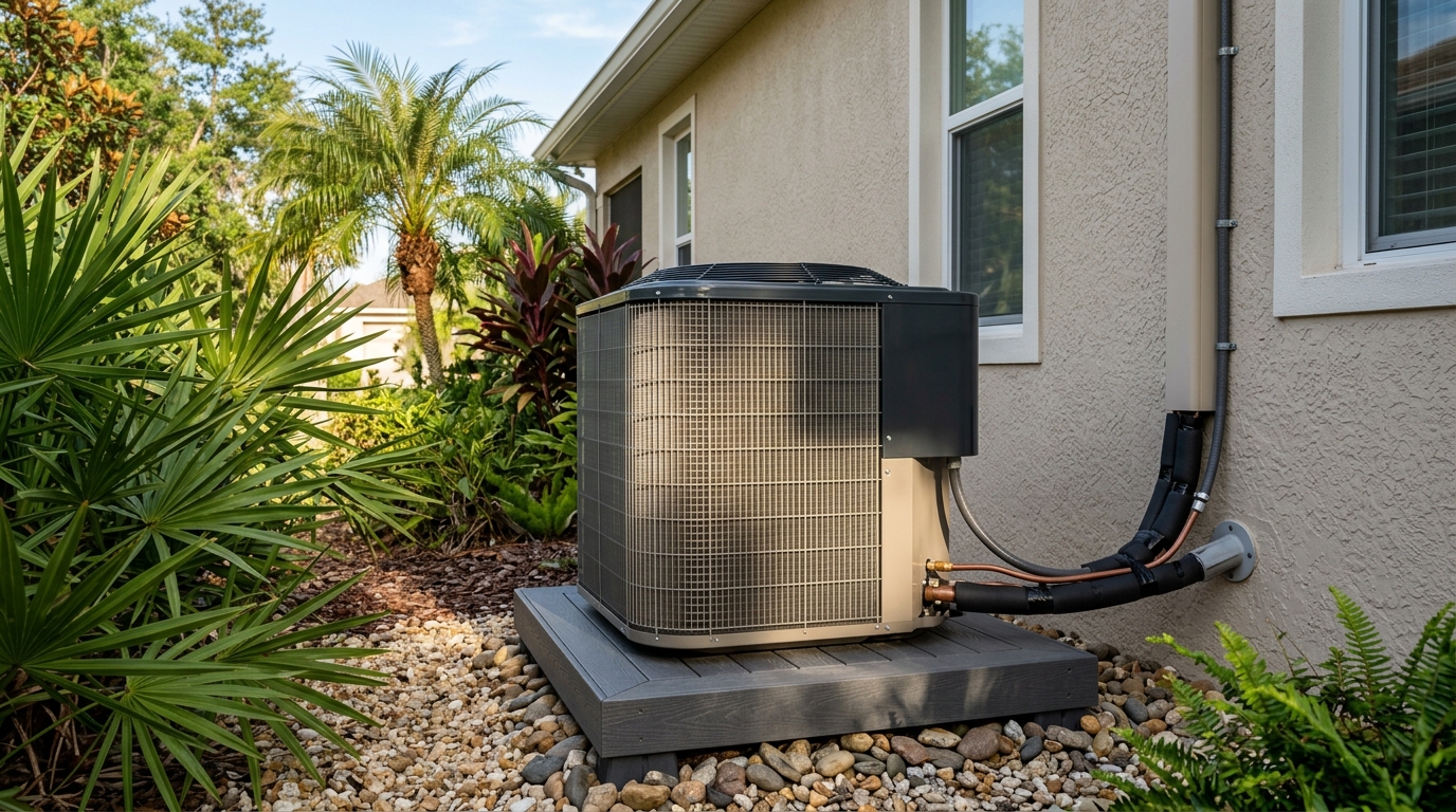 Outdoor air conditioning condenser unit beside a residential Florida home